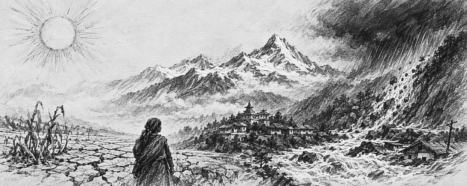 Pen-and-ink drawing: a woman stands on drought-cracked earth and watches storm rain and a landslide fall across a Himalayan valley village, snow peaks beyond